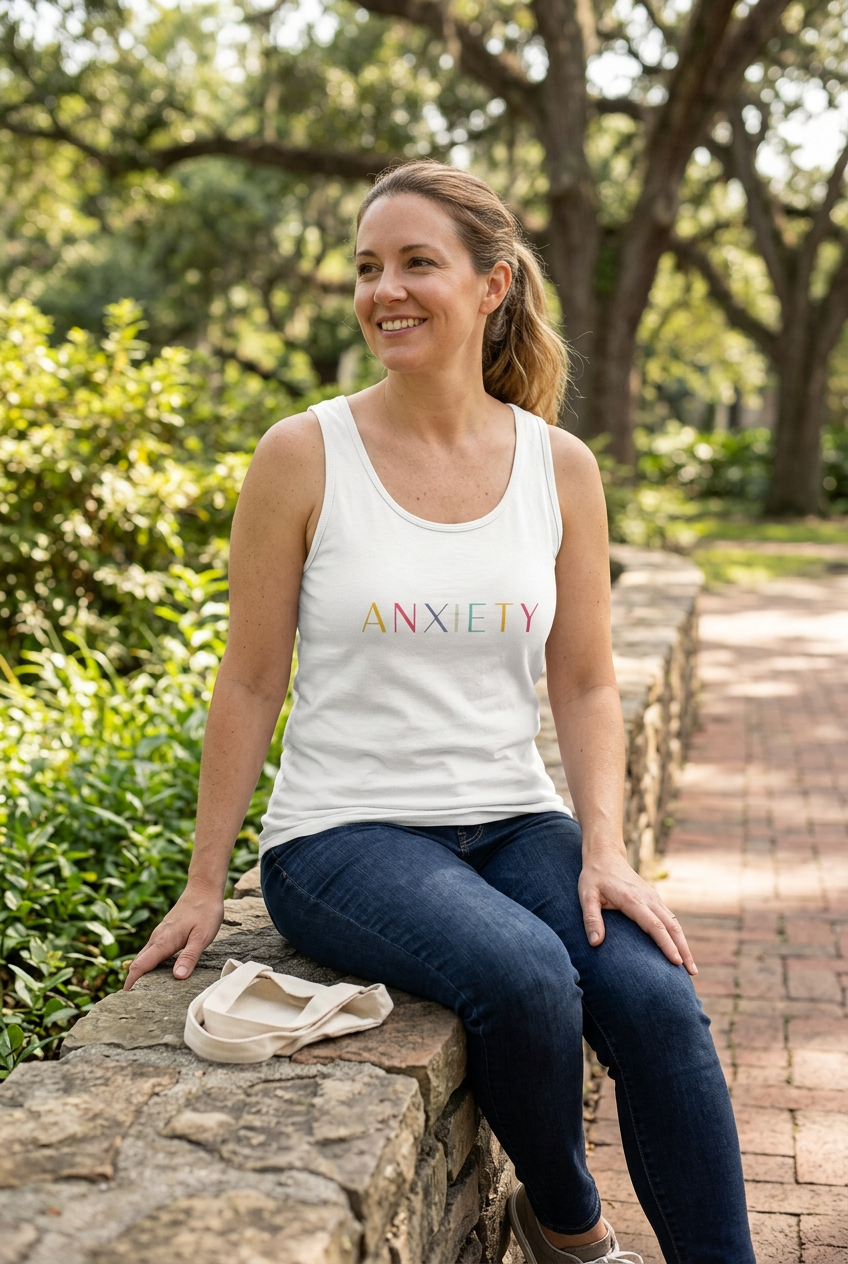 Anxiety 2.0 Tank Top modeled by a woman