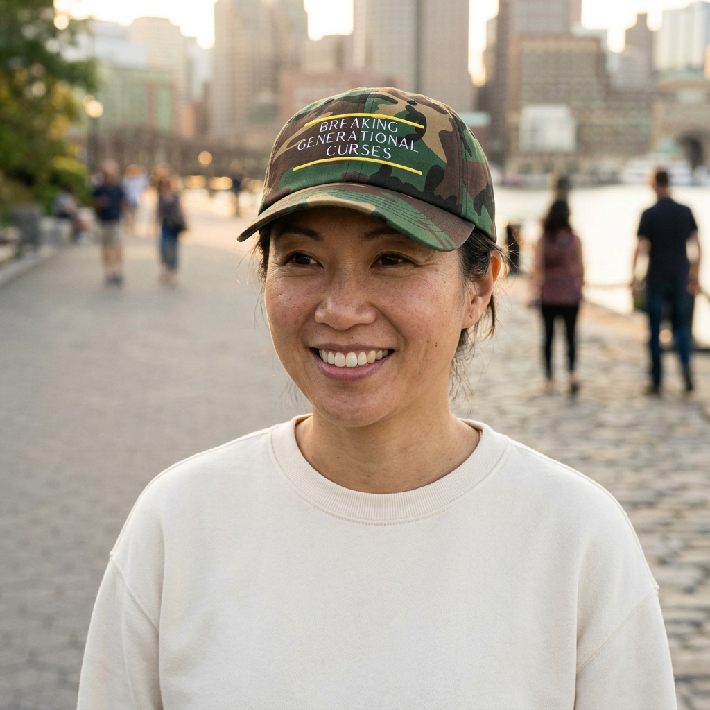 Camo cap on a model along a waterfront