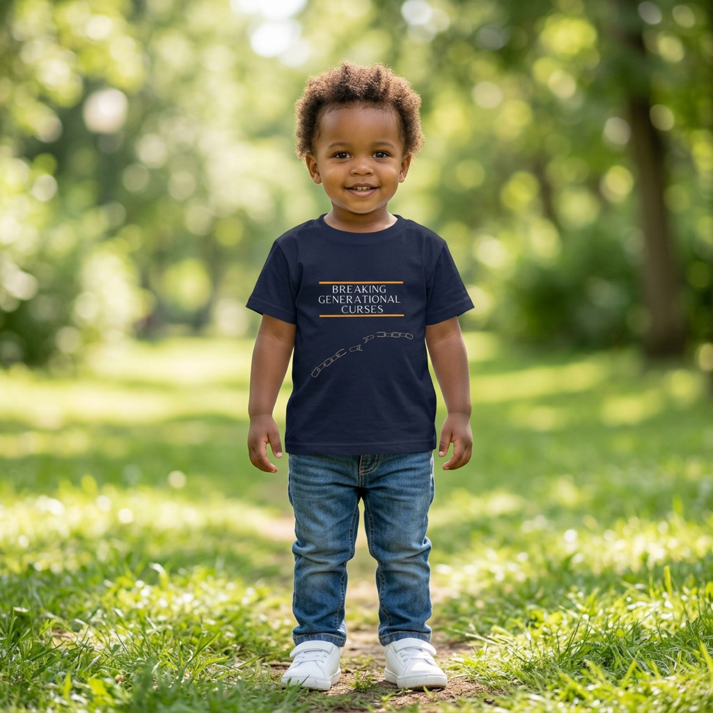 Child wearing the navy blue Breaking Generational Curses toddler tee