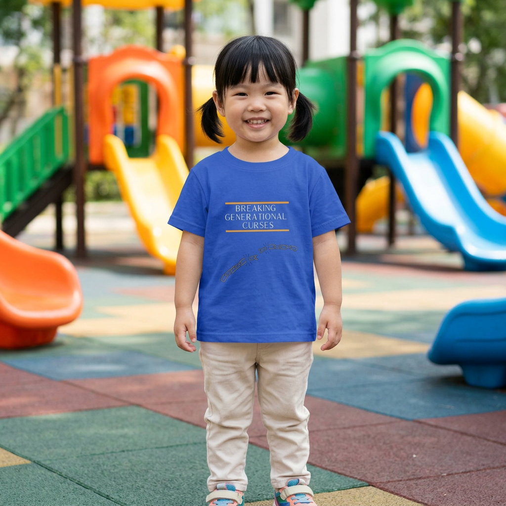 Different child wearing the royal-blue tee on a playground