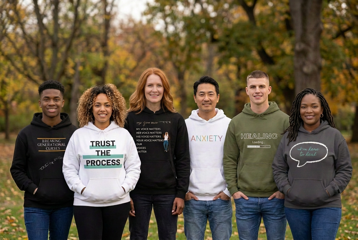 Hoodie hero with the swapped models and locs on the far-right woman