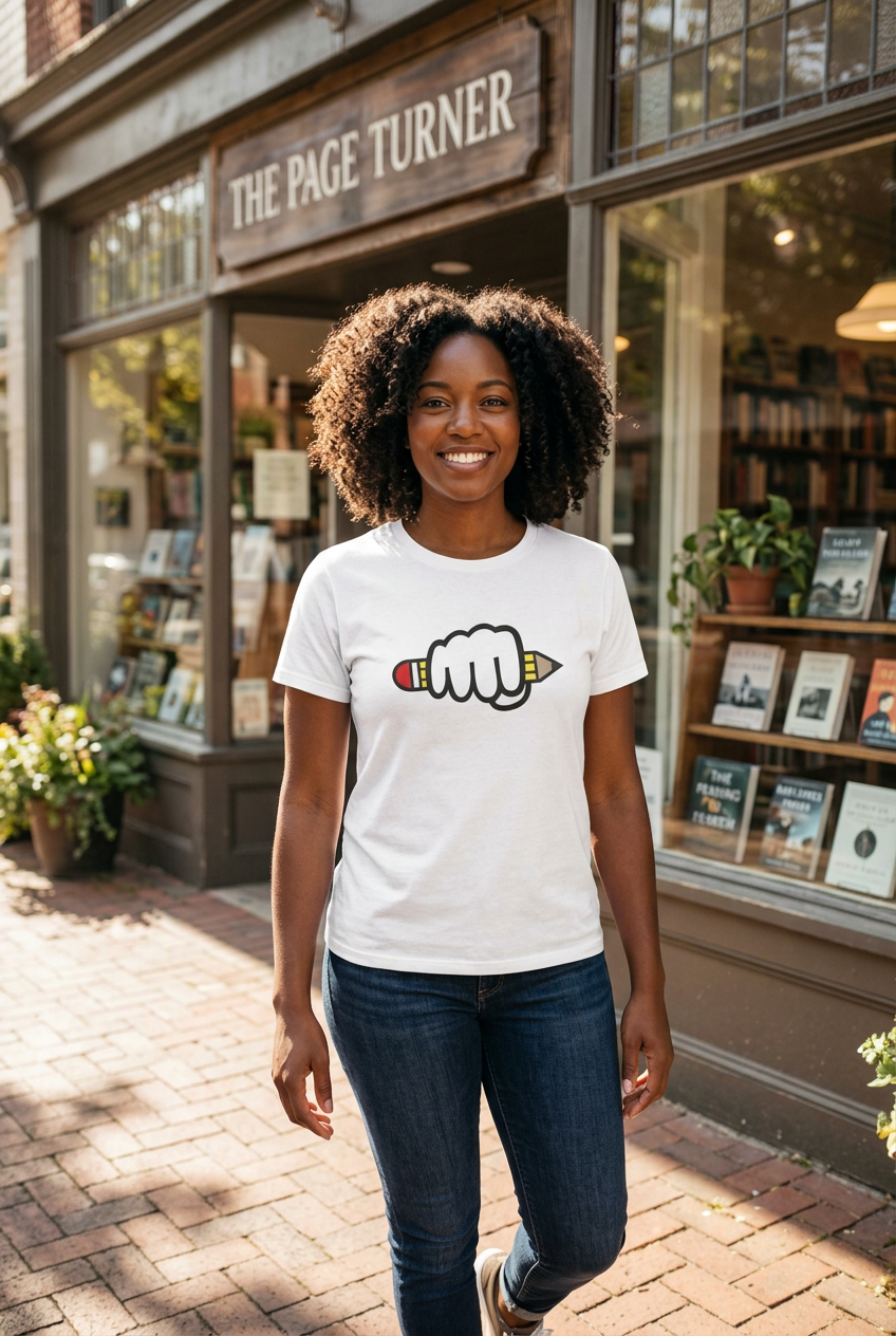 Power of Writing T-Shirt worn by a model outdoors
