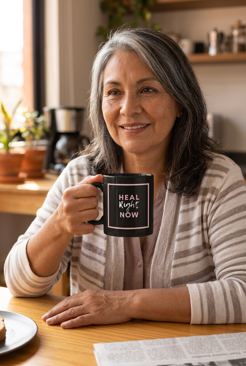 Heal Right Now mug lifestyle mockup with a woman