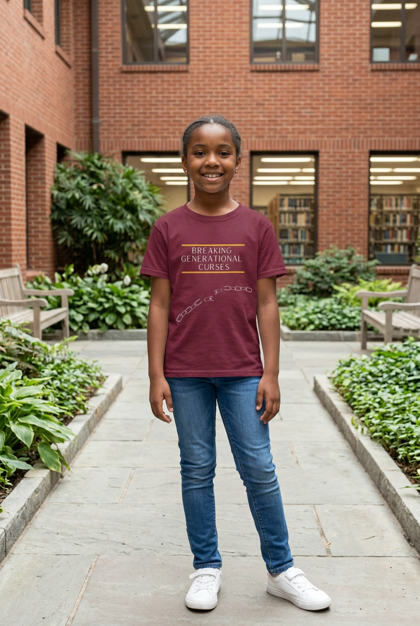 Child wearing Maroon Breaking Generational Curses Kids Tee