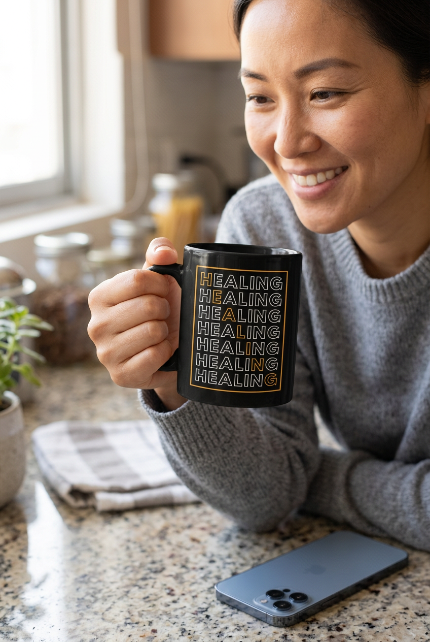Healing black mug lifestyle mockup