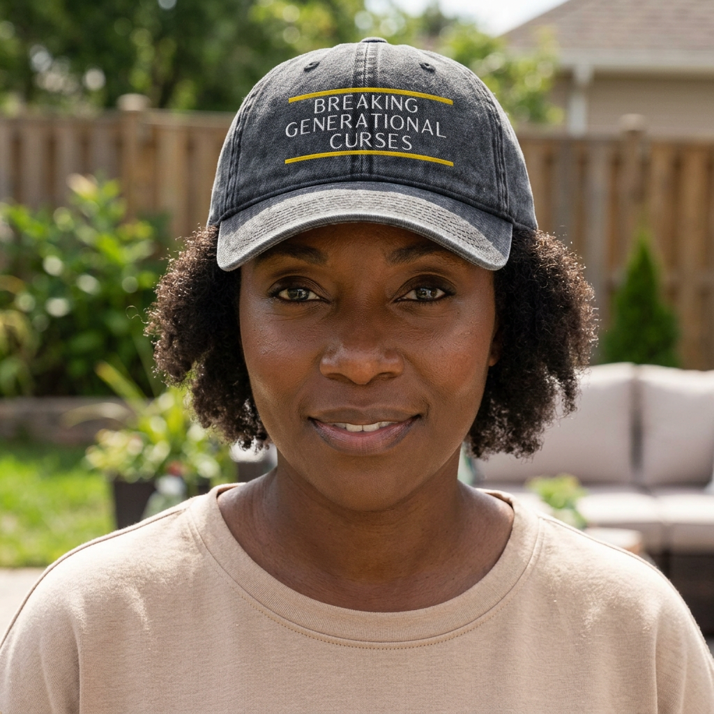 Woman wearing the washed black Breaking Generational Curses Cap in a backyard