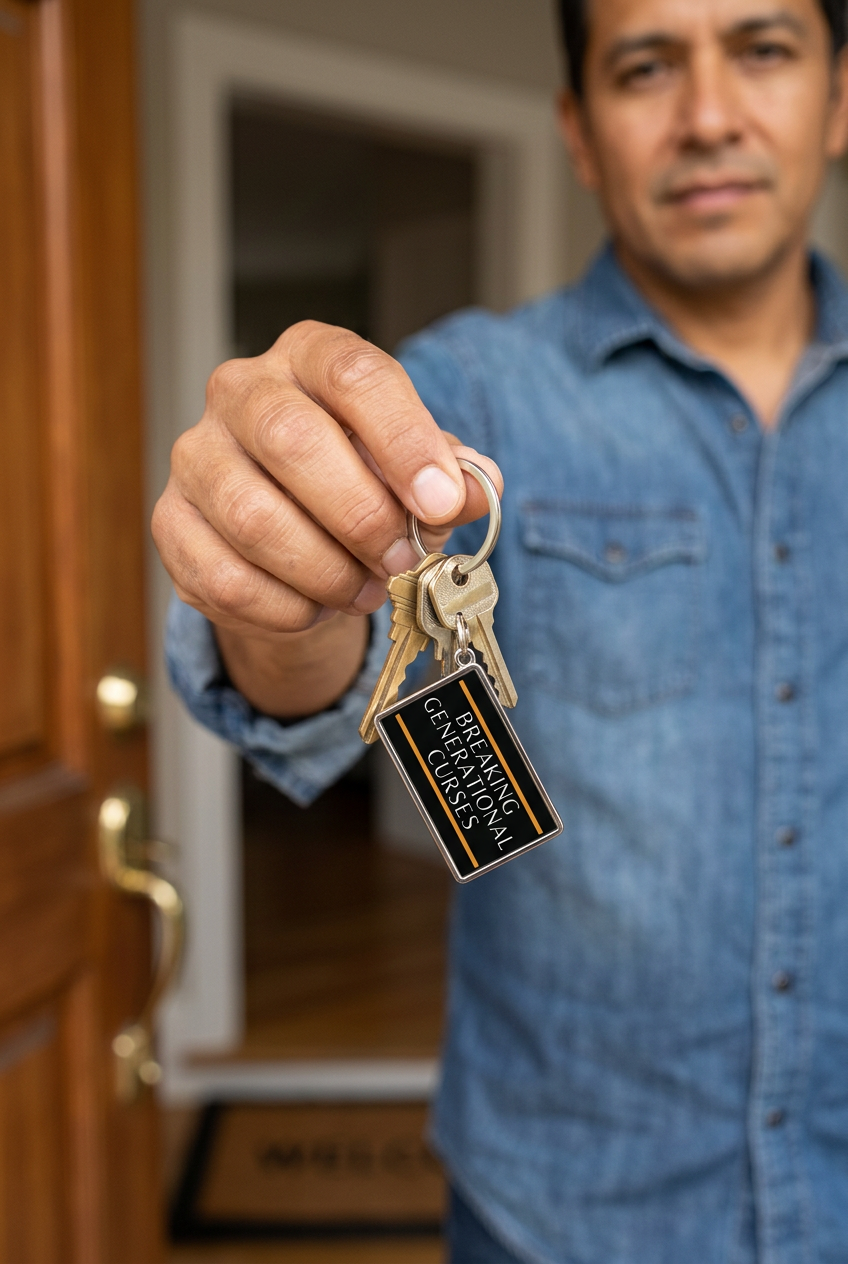 Silver-tone Breaking Generational Curses keychain held by a man with house keys attached