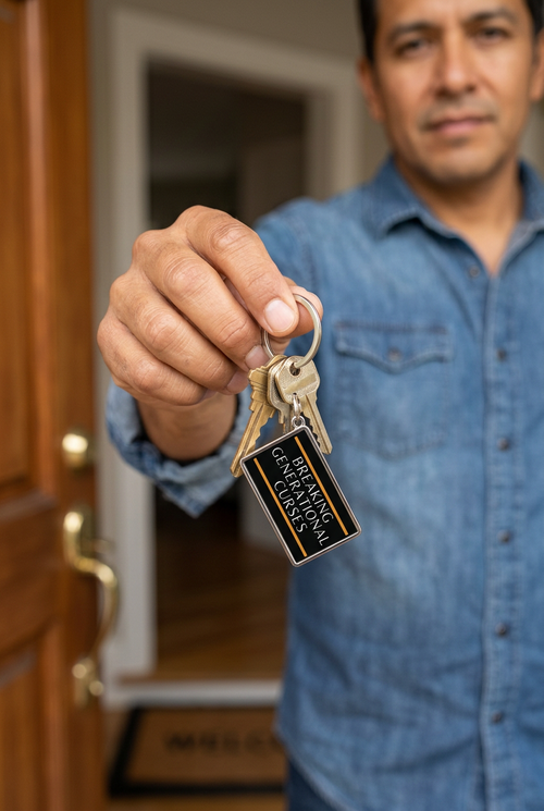 Silver-tone Breaking Generational Curses keychain held by a man with house keys attached