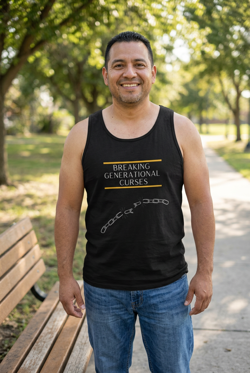 Man wearing Breaking Generational Curses unisex tank lifestyle mockup