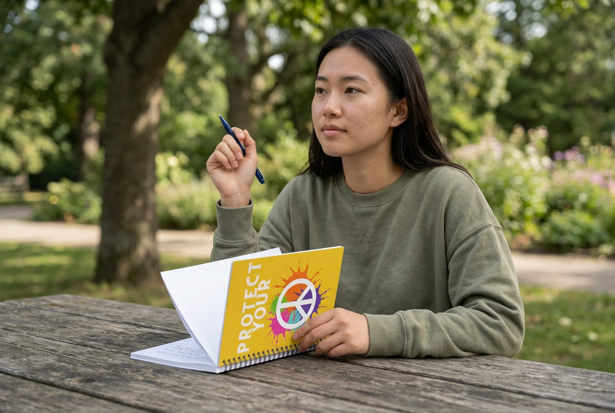 Woman journaling with the yellow Protect Your Peace spiral notebook at a garden picnic table.