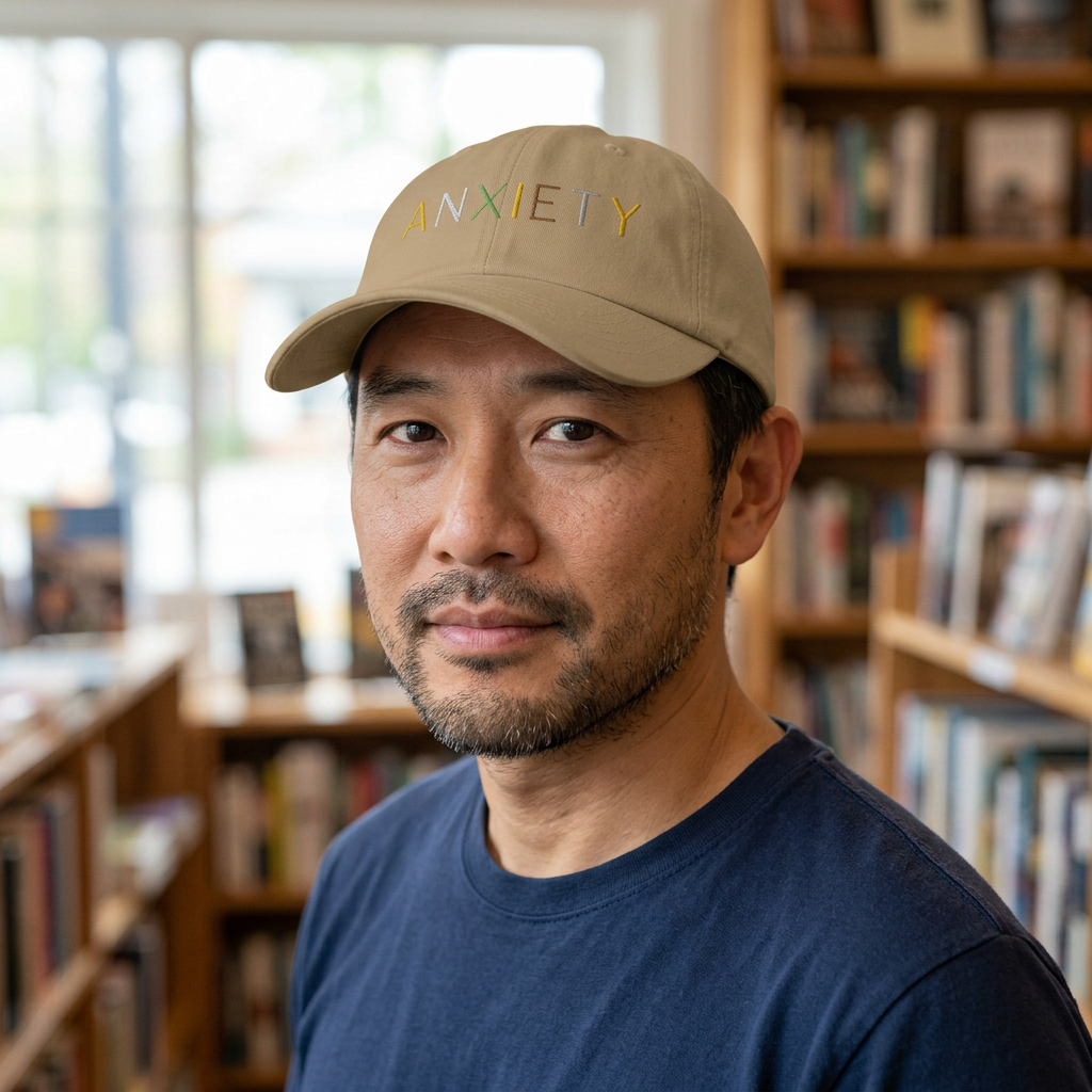 Man wearing khaki Anxiety Cap 2.0 in a bookstore