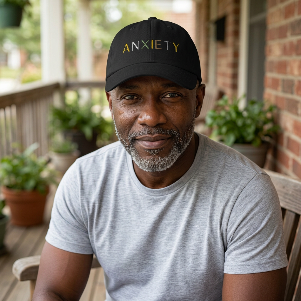 Man wearing the black Anxiety Cap 2.0 on a residential porch