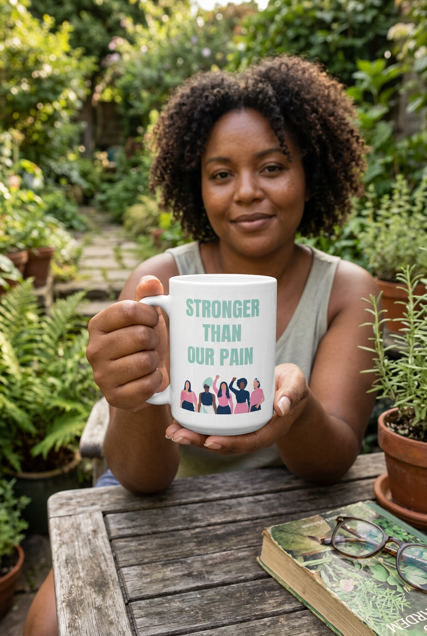 Stronger Than Our Pain white mug lifestyle mockup