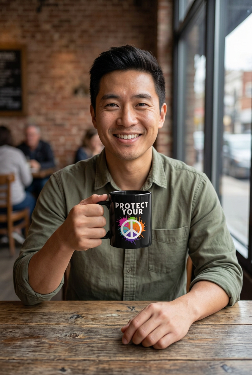 Man holding the Protect Your Peace black mug in a café with his full face visible