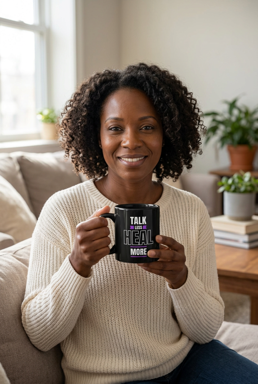 Black woman holding the Talk Less Heal More black mug on a couch with her full face visible