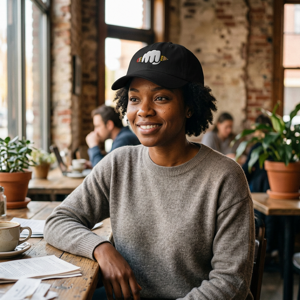 Woman wearing a black Power Of Writing cap in a café