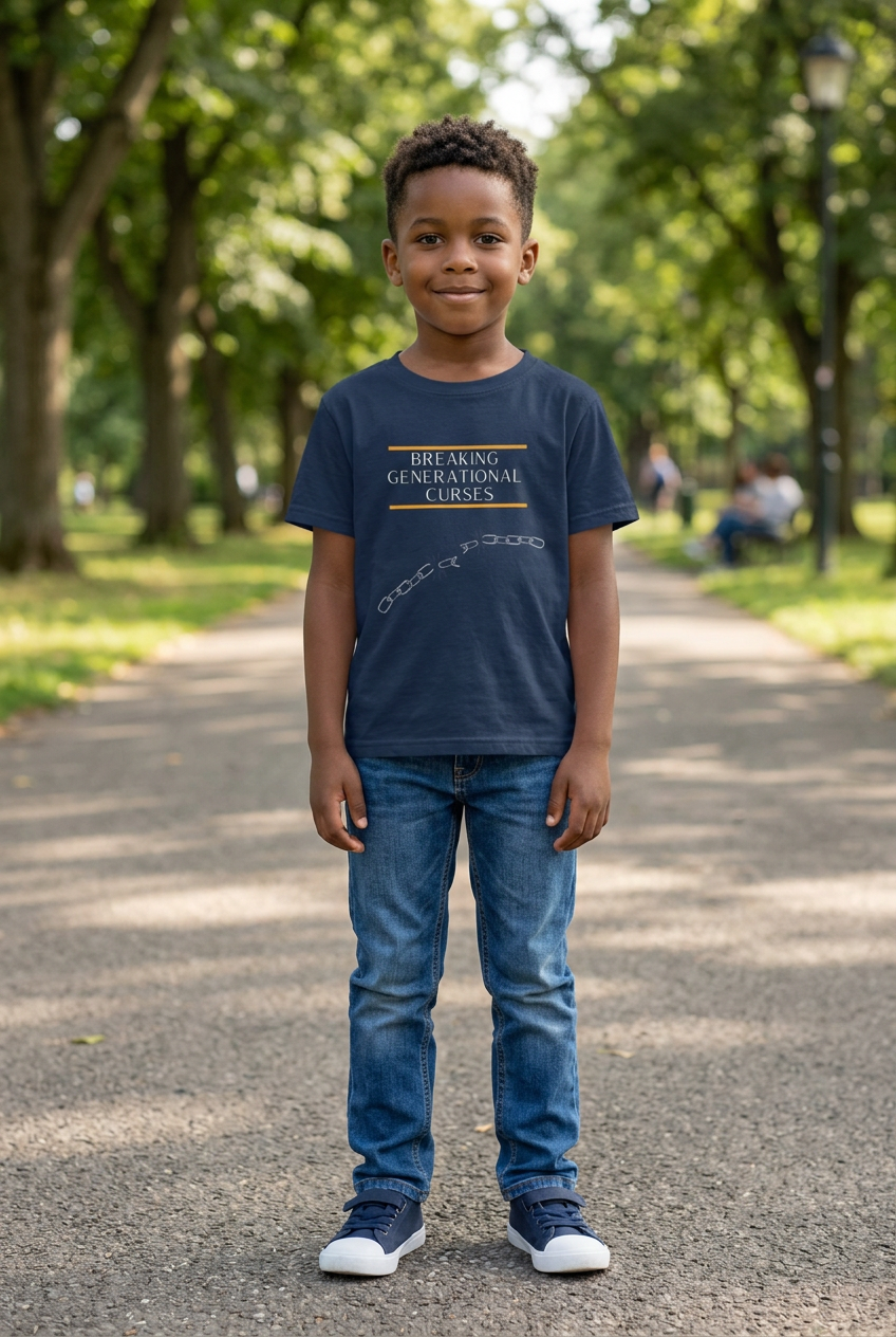 Child wearing Navy Breaking Generational Curses Kids Tee