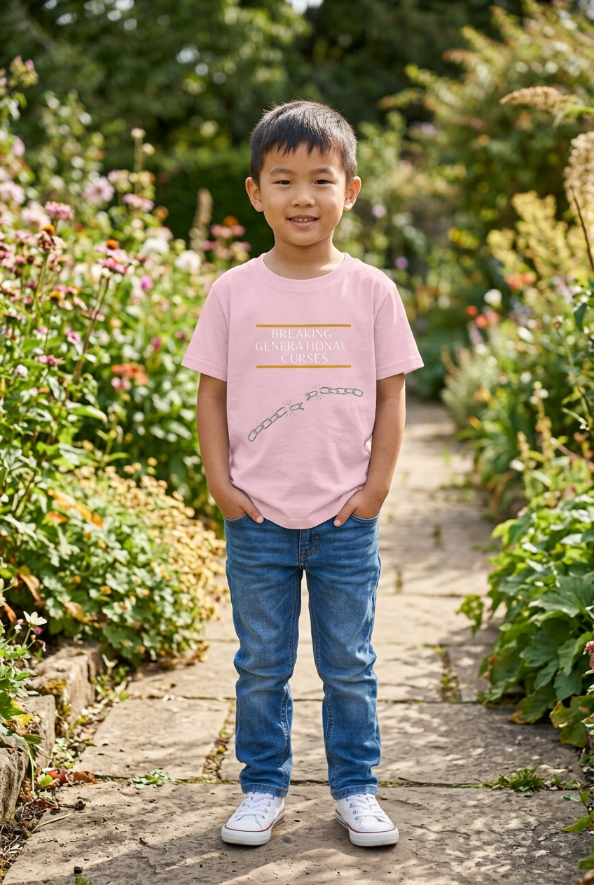 Child wearing Light Pink Breaking Generational Curses Kids Tee