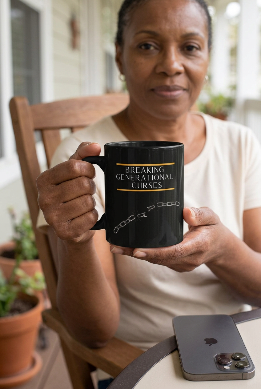 Breaking Generational Curses black mug lifestyle mockup