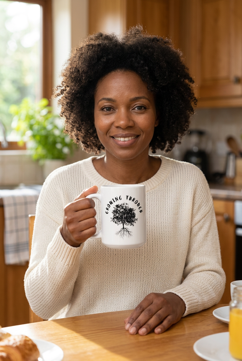 Woman with her full face visible holding the Growing Through white mug in a kitchen