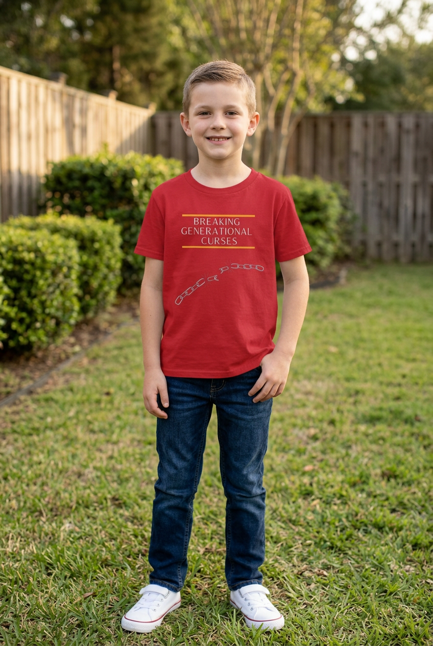 Child wearing Cardinal Red Breaking Generational Curses Kids Tee