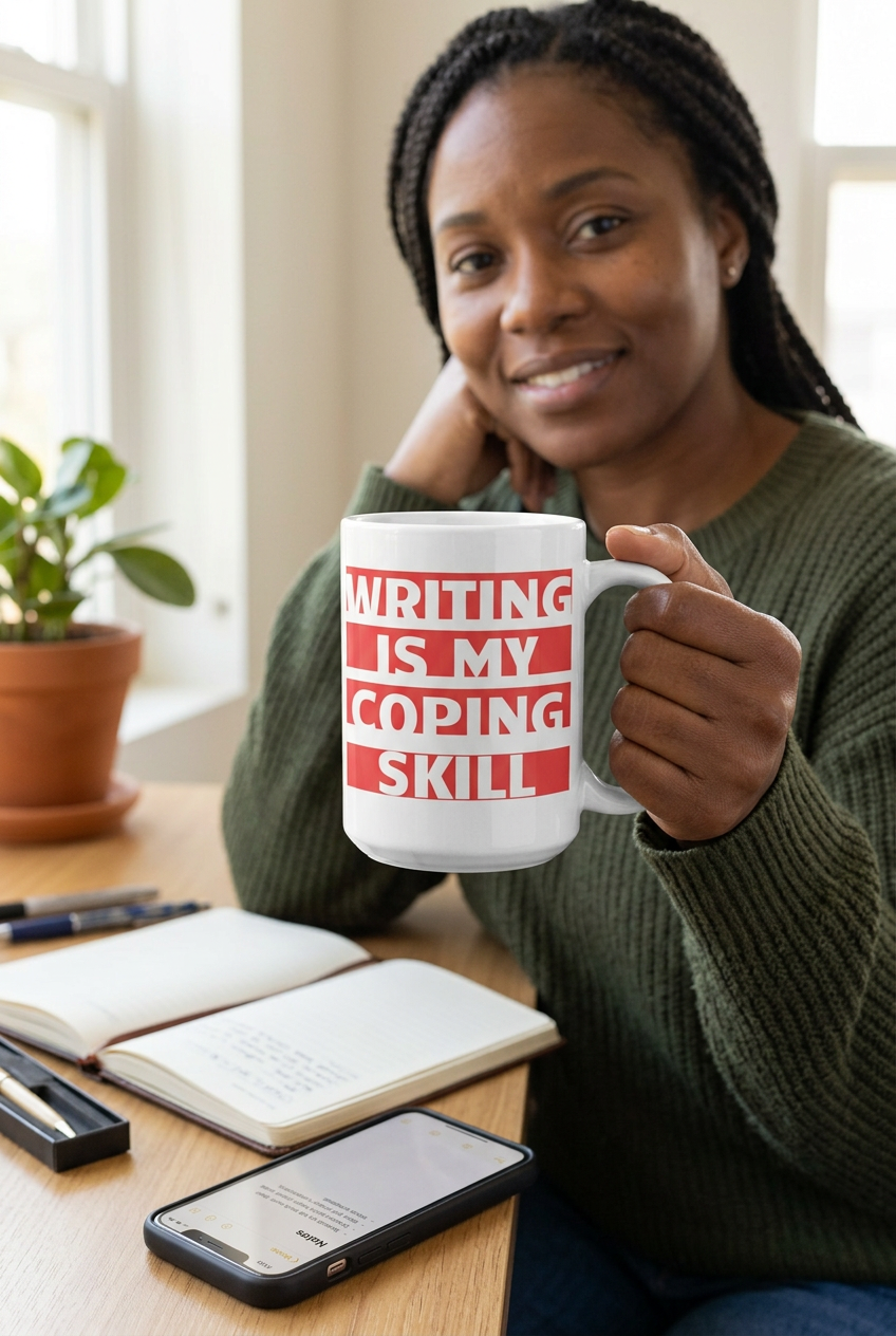 Writing Is My Coping Skill white mug lifestyle mockup