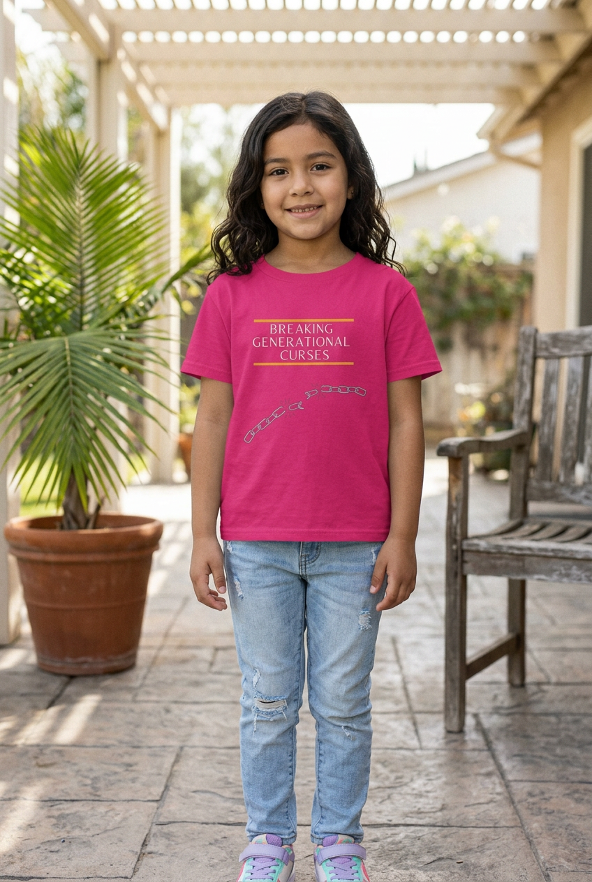 Child wearing Heliconia Breaking Generational Curses Kids Tee