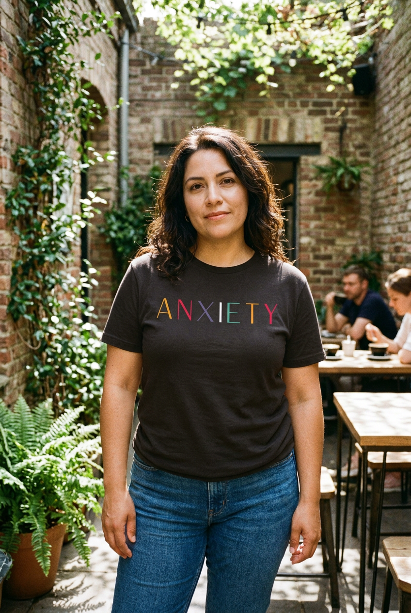 Woman wearing black Anxiety T-Shirt 1.0 lifestyle mockup