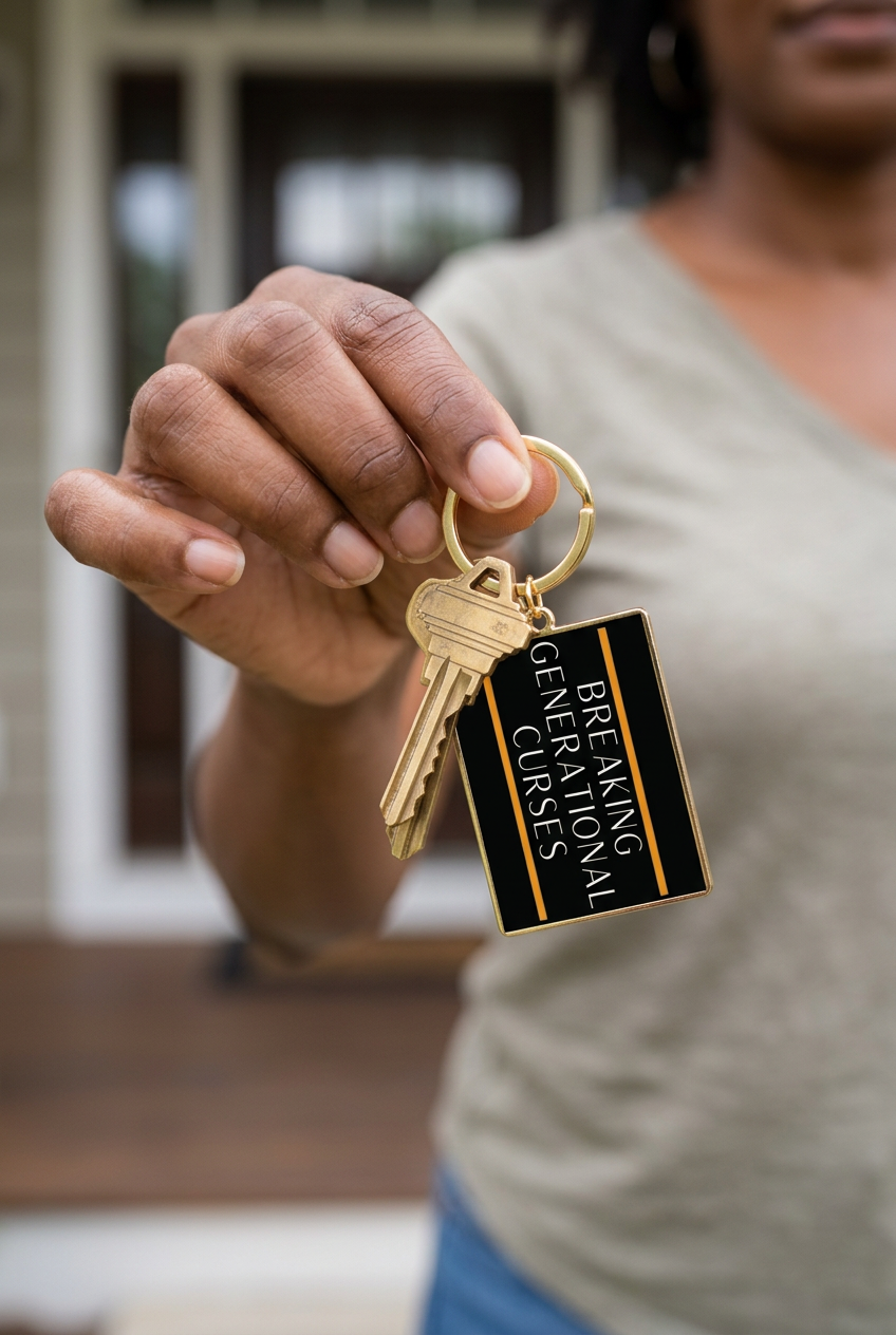 Gold-tone Breaking Generational Curses keychain held by a woman with house keys attached