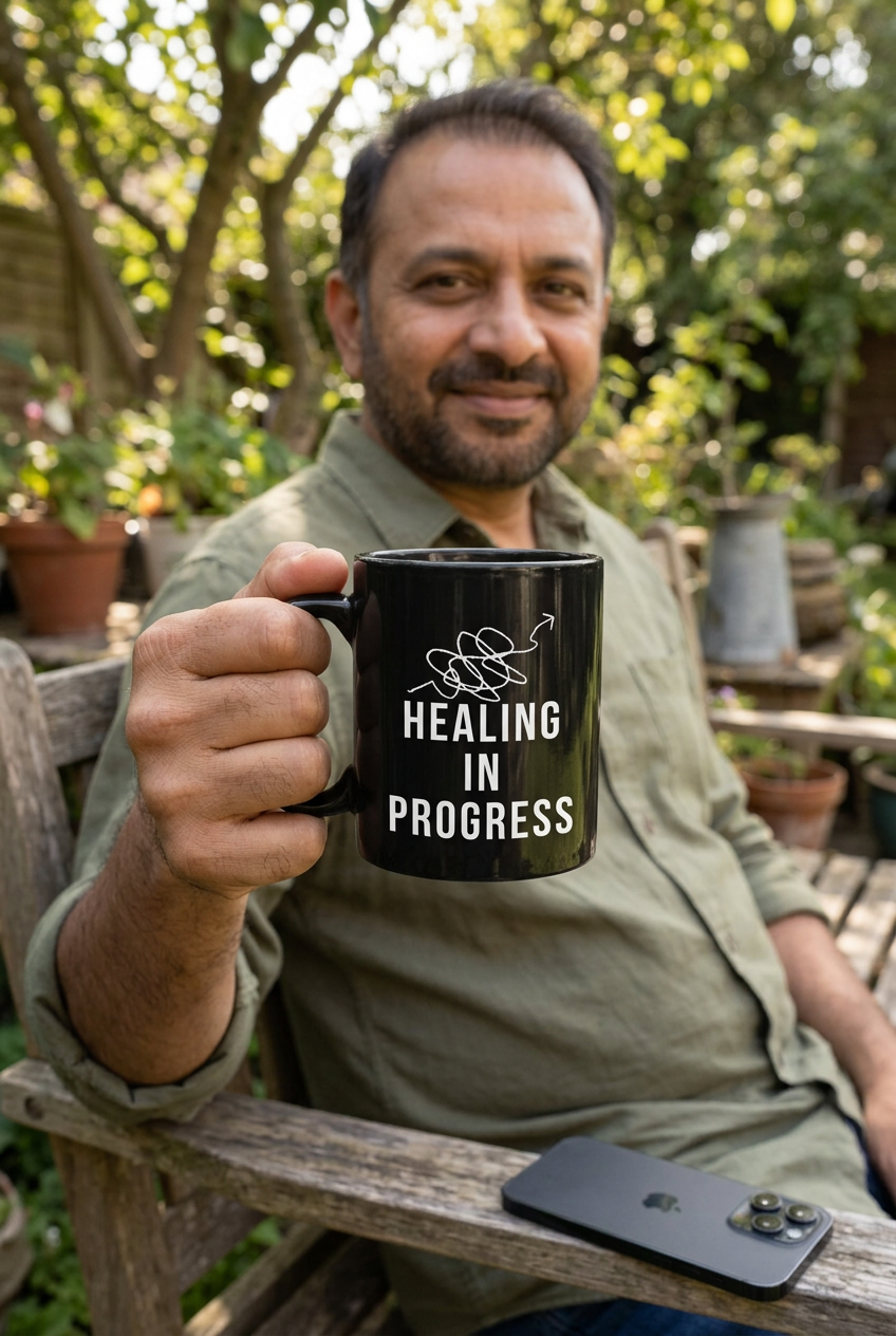 Healing In Progress black mug lifestyle mockup