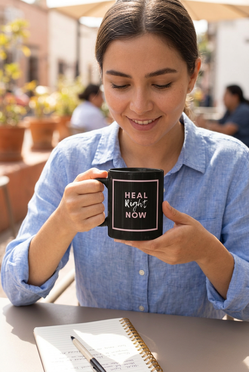 Heal Right Now black mug lifestyle mockup