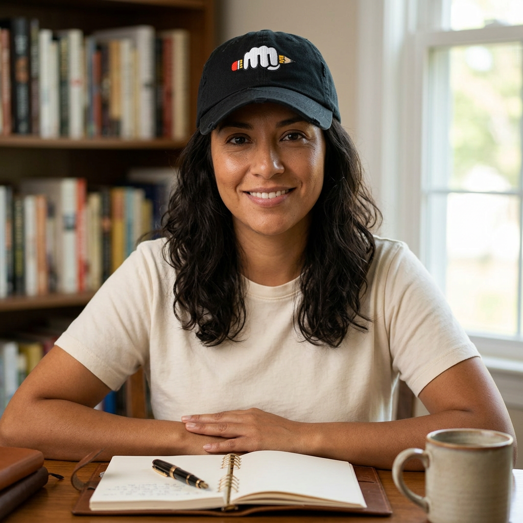 Woman wearing the black Writers Hat Original at a home writing desk