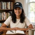 Woman wearing the black Writers Hat Original at a home writing desk