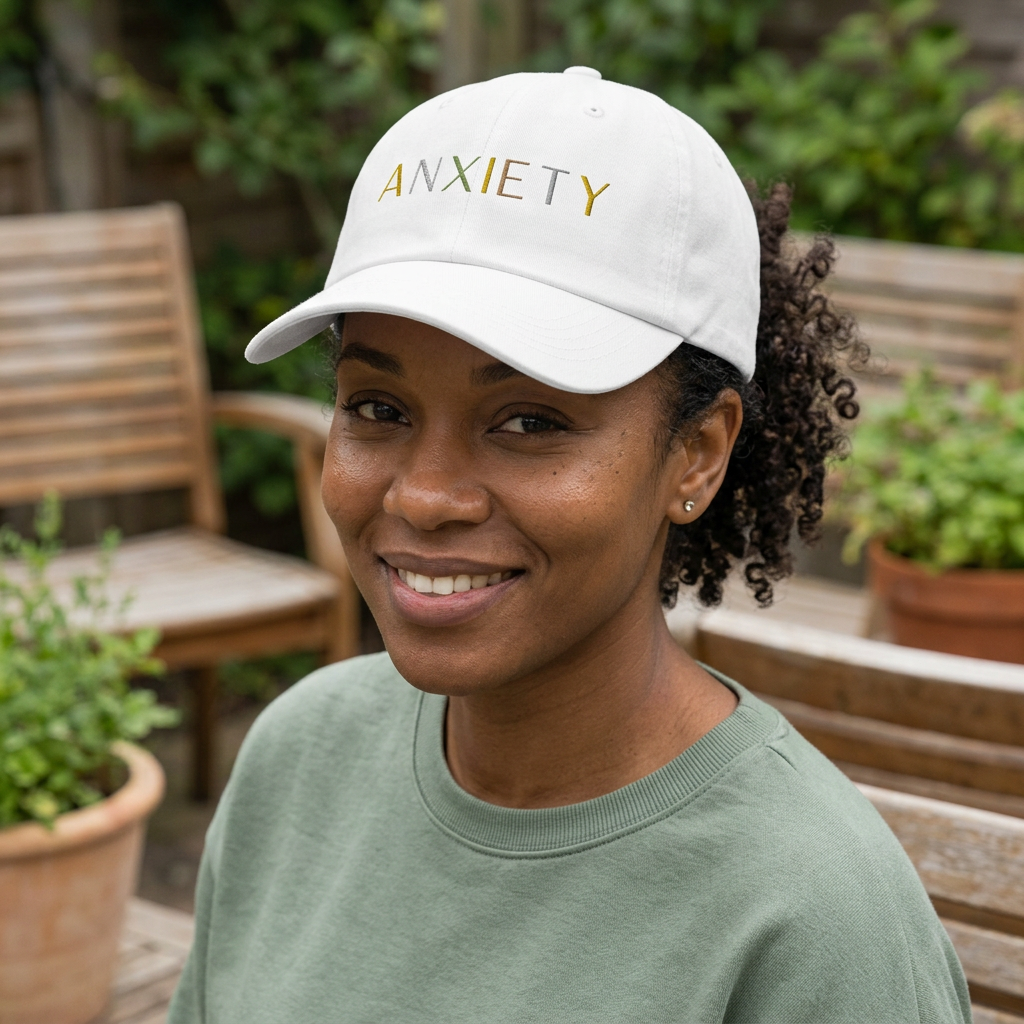 Woman wearing white Anxiety Cap 2.0 on a garden patio