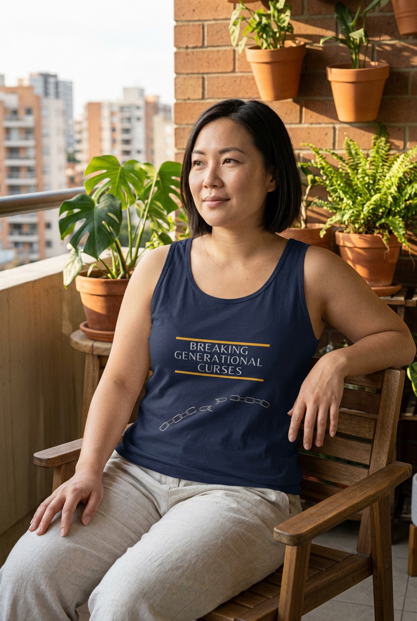 Navy Breaking Generational Curses unisex tank balcony lifestyle mockup