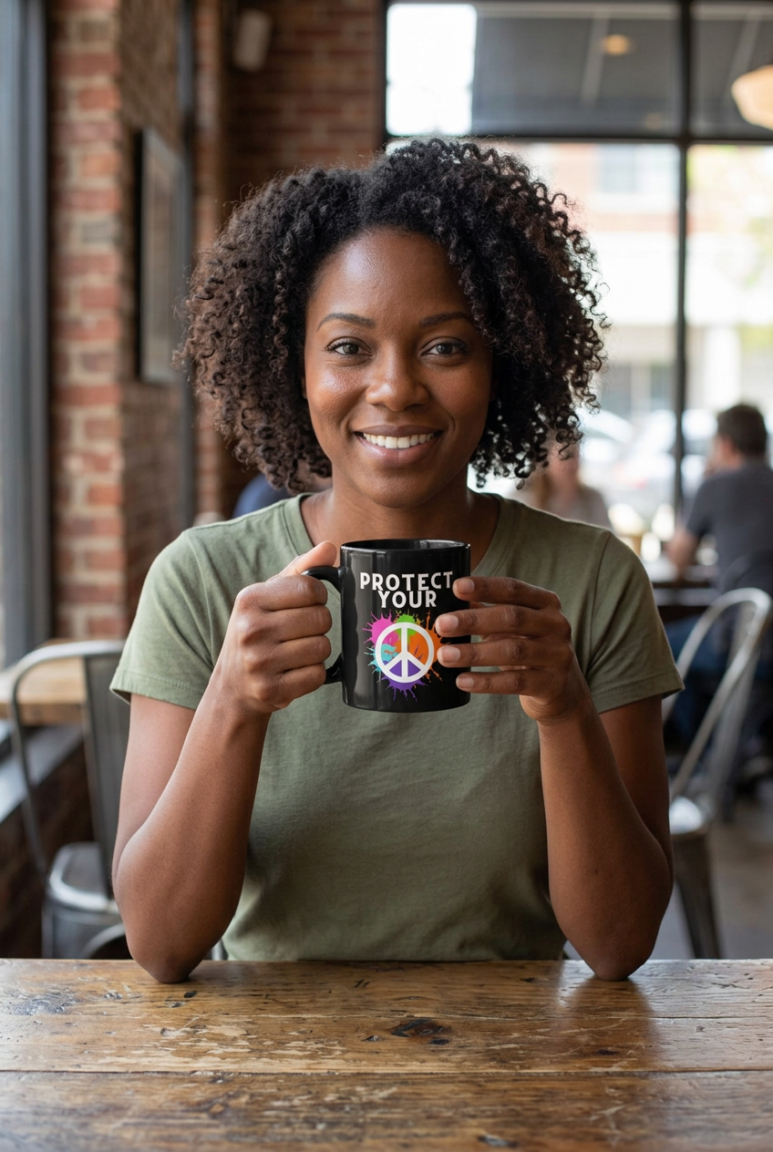 Black woman holding the Protect Your Peace black mug in a café with her full face visible