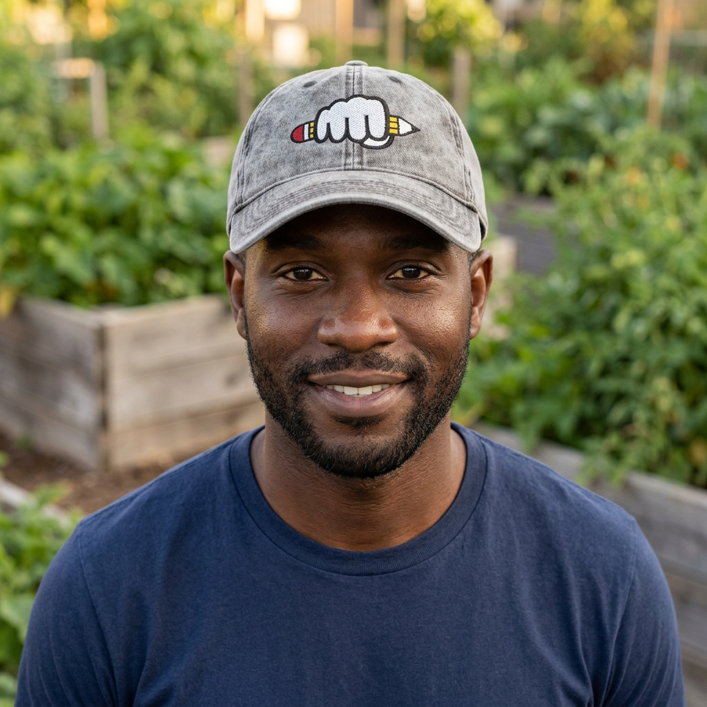 Man wearing the washed gray Power Of Writing Jean Cap in a community garden