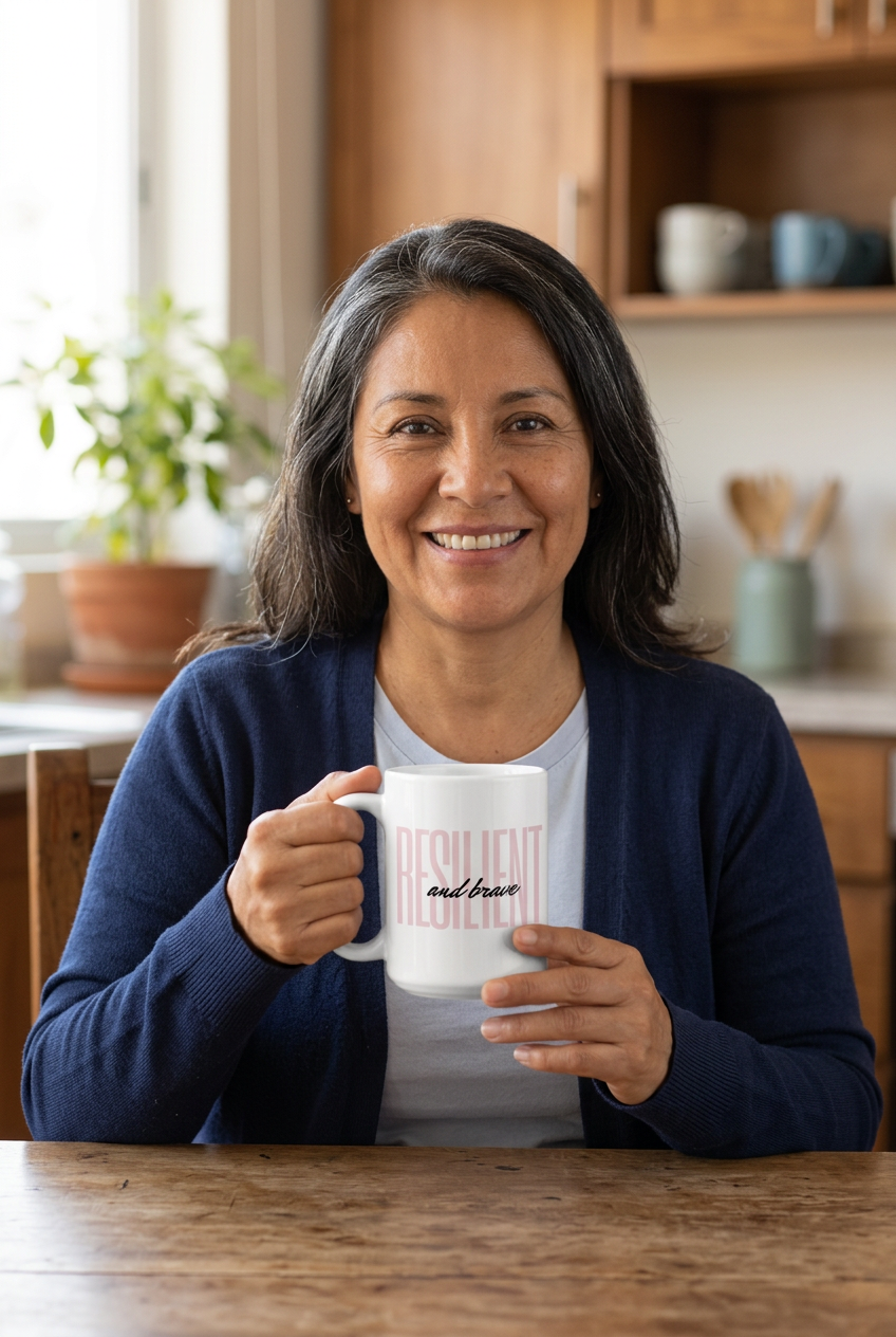 Woman holding the Resilient and Brave white mug at a kitchen table with her full face visible