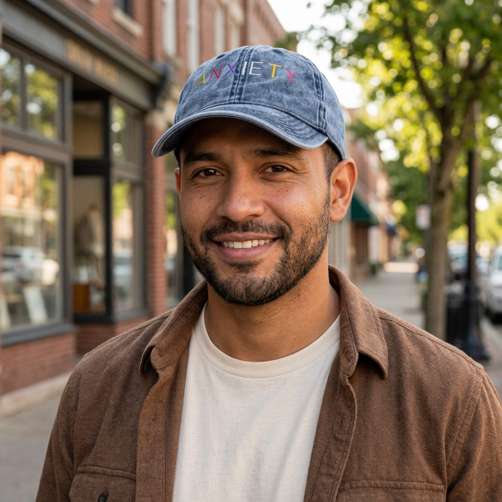 Man wearing the washed blue denim Anxiety Jean Cap on a neighborhood street