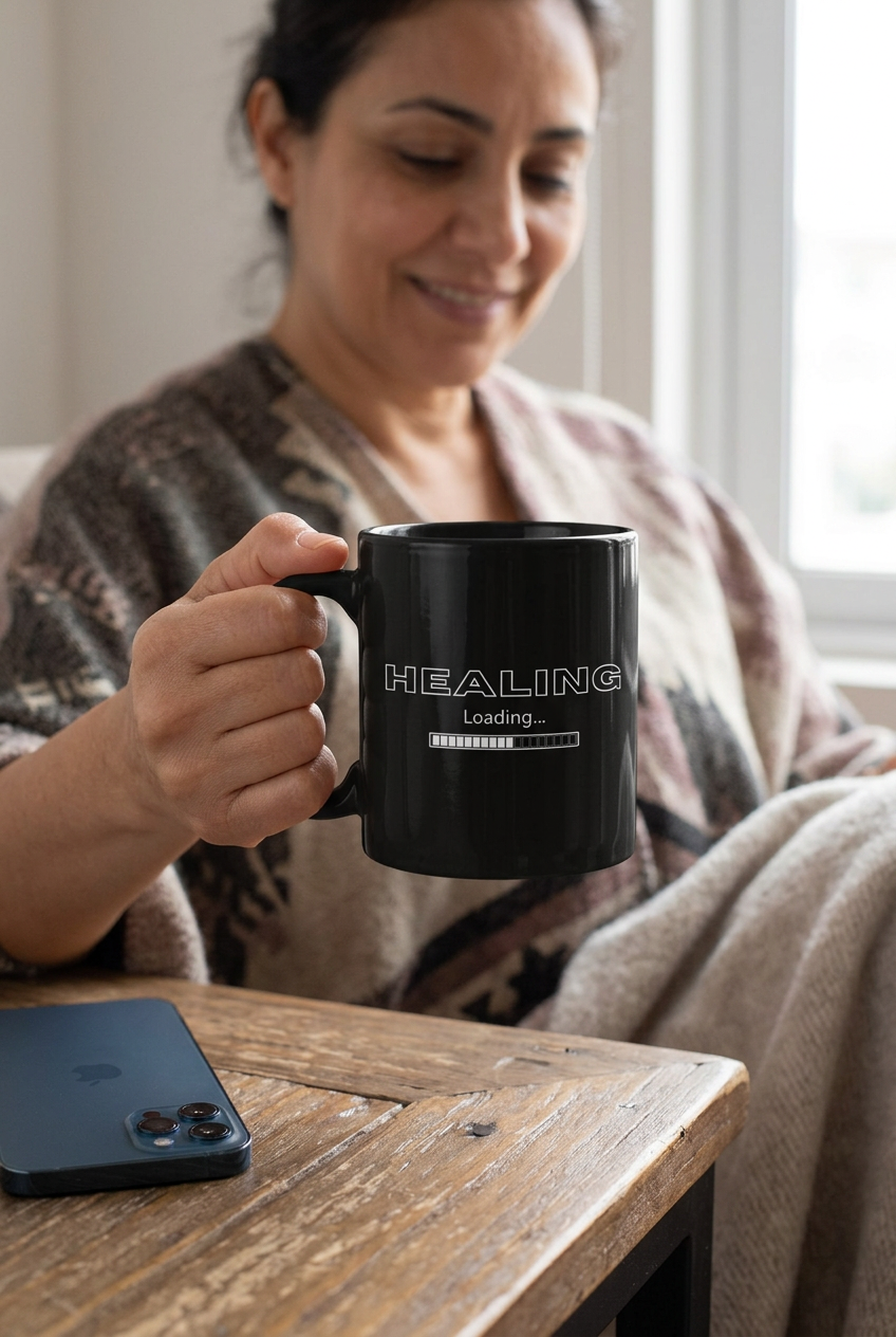 Healing Loading black mug lifestyle mockup