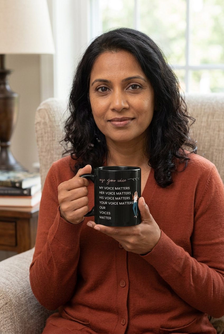 Woman holding the Our Voices Matter black mug in a home reading nook with her full face visible