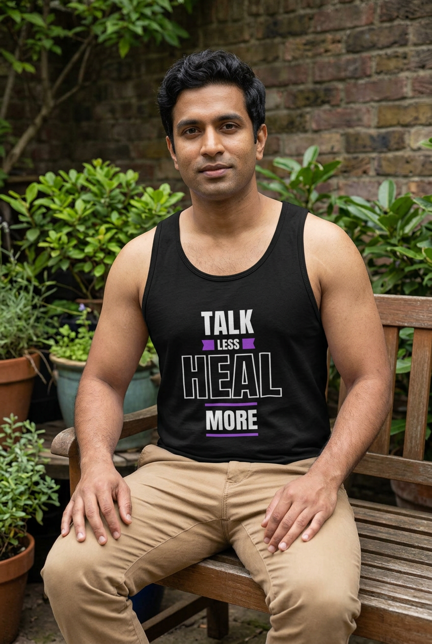 Talk Less Heal More unisex tank human lifestyle mockup