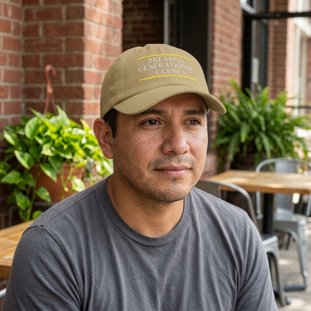 Khaki cap on a model at a cafe patio