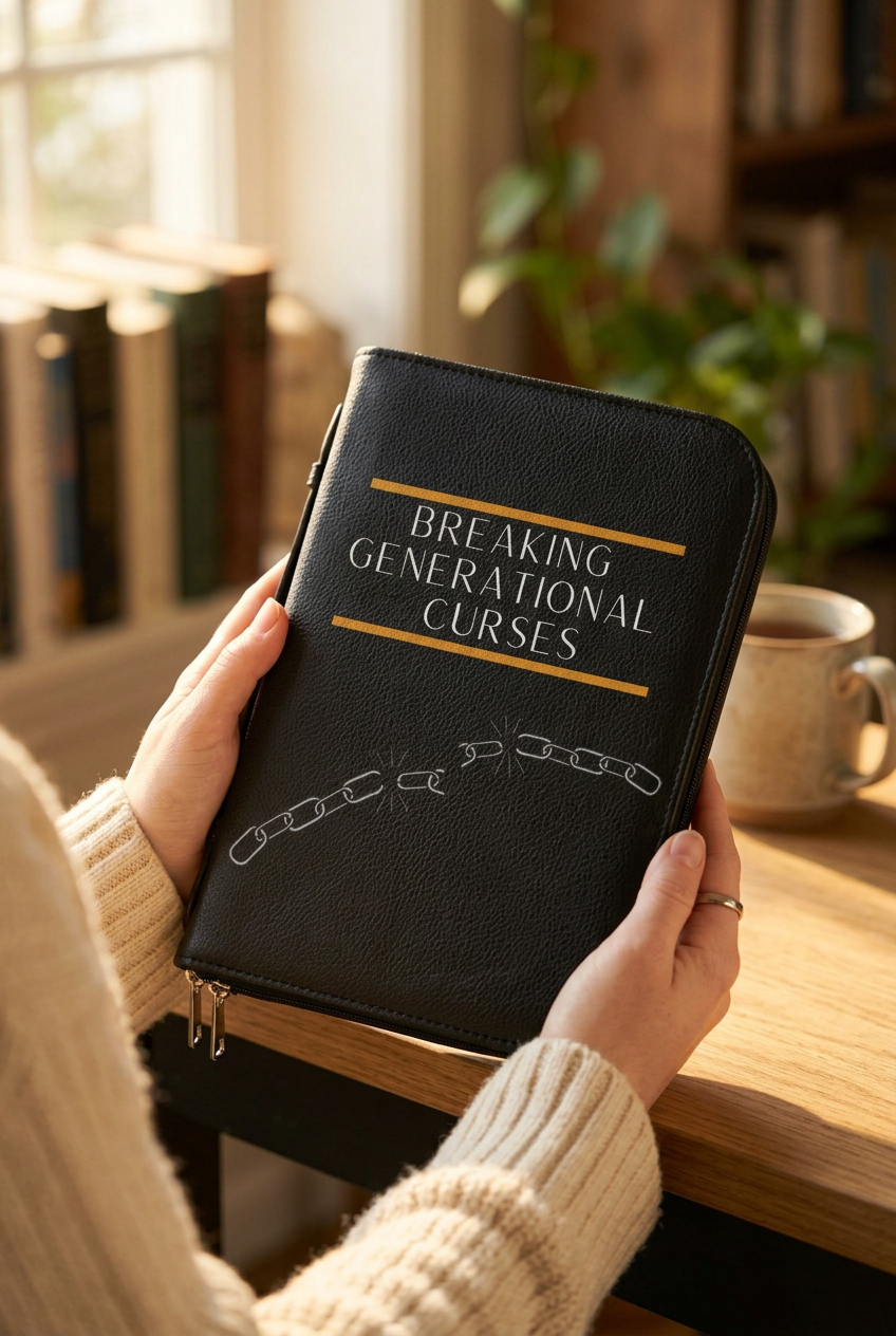 Lifestyle mockup of a person holding the Breaking Generational Curses bible cover