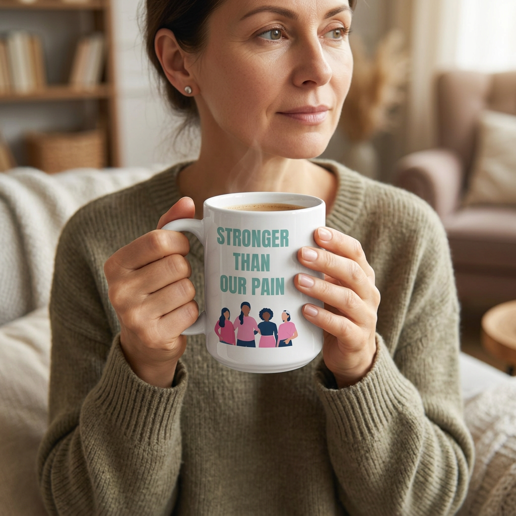 Lifestyle mockup of a woman holding a Stronger Than Our Pain mug