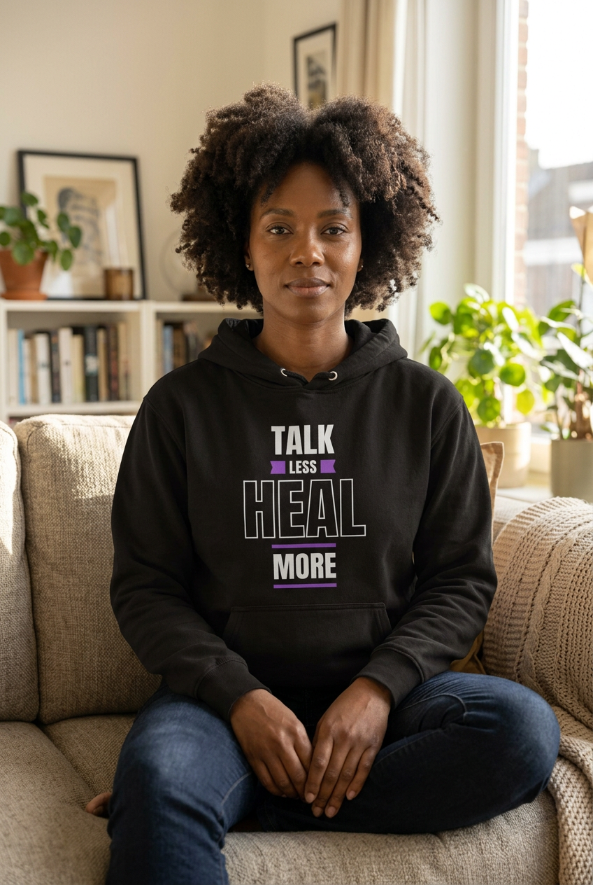 Talk Less Heal More hoodie worn by a Black woman sitting on a couch at home