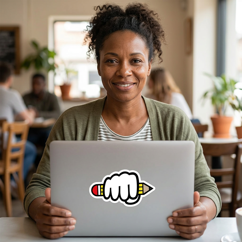 Woman holding a laptop with the Power of Writing sticker