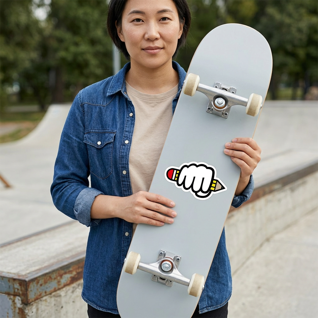 Woman holding a skateboard with the Power of Writing sticker