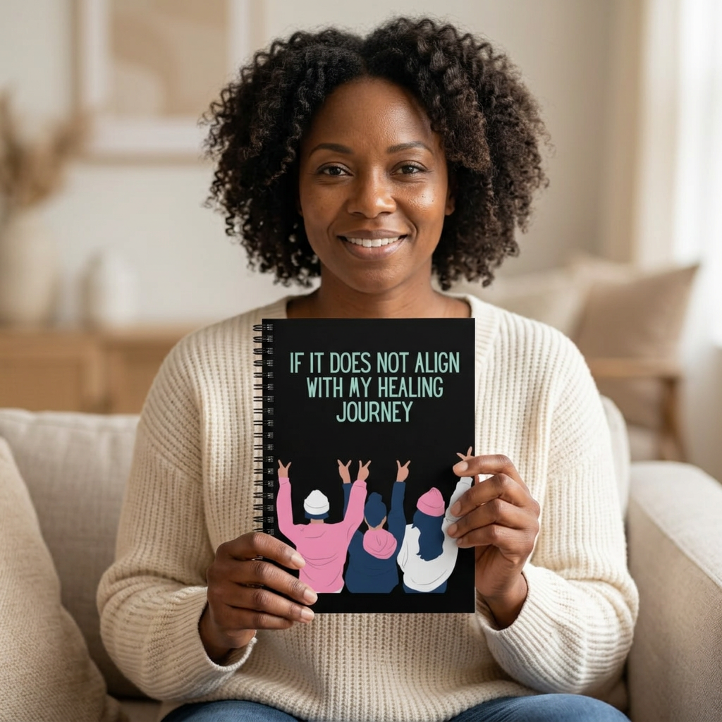 Woman holding the healing journey spiral notebook