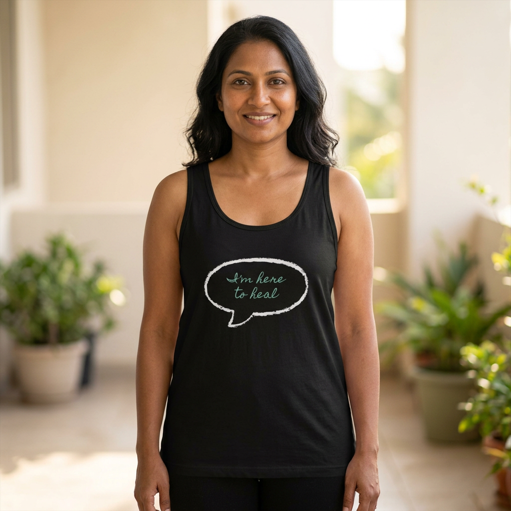 Woman modeling the I’m Here To Heal tank top